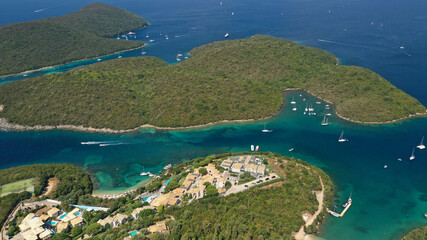 Aerial drone photo of paradise bay and complex islands of Sivota a popular summer destination, Ionian, Greece