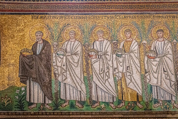 Ravenna, Italy - 01.11.2021 - The mosaic of the Saints in the Basilica of Sant Apollinare Nuovo in...