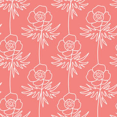 Vector seamless pattern with white flowers on Calming Coral background.Simple,floral,minimalist,festive doodle style poster.Designs for prints,stickers,printing,invitations,textiles,wrapping paper.