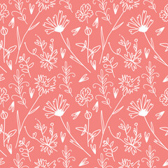 Vector seamless pattern with white flowers on Calming Coral background.Simple,floral,minimalist,festive doodle style poster.Designs for prints,stickers,printing,invitations,textiles,wrapping paper.