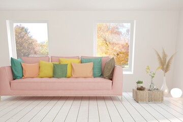 Stylish room in white color with sofa and autumn landscape in window. Scandinavian interior design. 3D illustration