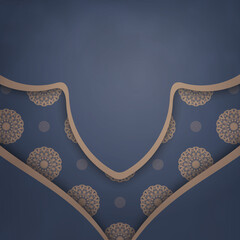 Greeting card in blue with luxurious brown pattern for your design.