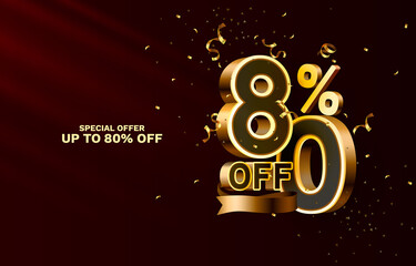 80 Off. Discount creative composition. 3d sale symbol with decorative objects, golden confetti, podium and gift box. Sale banner and poster. Vector 