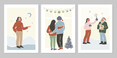 Abstract winter set of Christmas and New Year holiday greeting cards with family, women, Christmas tree. Hand drawn vector flat illustration. Design for pattern,  posters, invitation, greeting card