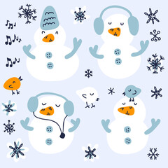 Hand drawn musical snowmen and birds collection. Perfect for T-shirt, stickers, textile and print. Doodle vector illustration for decor and design.
