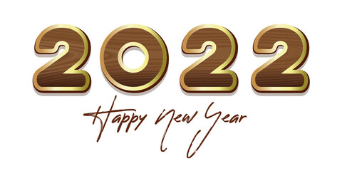 2022 New Year symbol. Wooden numbers in gold stroke isolated on white background. Happy New Year. Template for New Year's design. Vector illustration