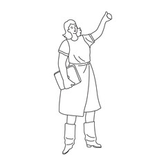 Happy woman dressed in skirt and t-shirt with laptop in her hand. Thumbs up. Contour illustration with character