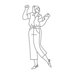 Happy woman in jeans with phone in her hand. Good news, joyful message, important call. Education and business. Contour illustration with character