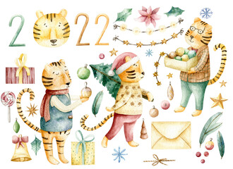 Big Christmas set with hand drawn watercolor elements, Tigers 2022 new year, over 35 elements, isolated on white background 