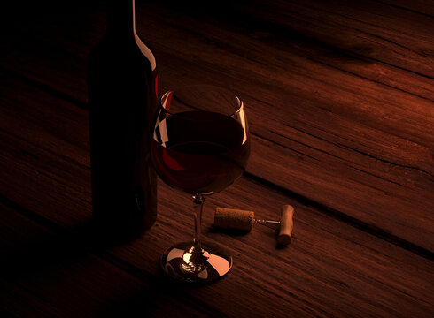 Uma taça de vinho ao lado de uma garrafa e de um saca-rolhas