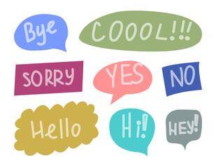 Set of hand drawn speech bubbles. Colorful clouds for online chat with words. Vector illustration of short messages