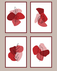 Set of abstract posters. Trendy design with leaf and spot. Art pictures for wall decor, cover, postcard. Modern vector illustration. Pictures with red and burgundy shapes and line art plant