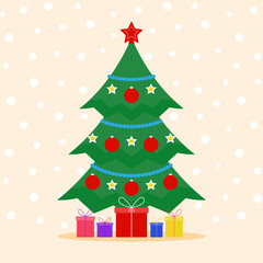 Christmas tree with stars, Christmas balls, beads, presents and snow. Festive Christmas illustration for greeting card, postcard, banner, brochure. Flat vector design