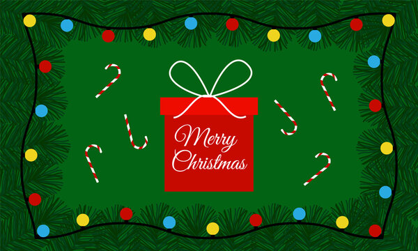 Merry Christmas background with red present, spruce branches, garland, candy canes and lettering on green backdrop