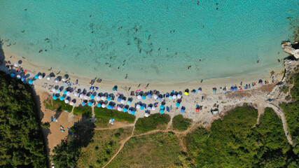 Aerial drone photo of paradise white rocky bay and beach in island of Antipaxos, Ionian, Greece