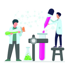 Two boys student doing experiments use test of tube the laboratory. Explosion in the laboratory. Science and education. Science is fun. Vector flat colorful illustration.