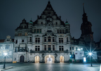 Streets of dresden at night. View of the historic Providentiae memor of Dresden at night