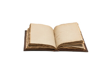 An open empty old notebook isolated on a white background.