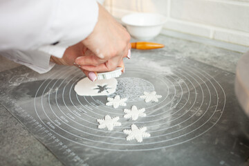 pastry chef makes mastic to decorate cake. Elastic dough, delicious pastries, cooking process. Home production, hobbies, entrepreneurship. Christmas