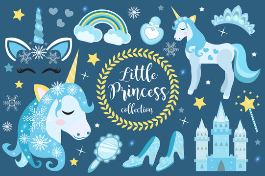 Cute christmas unicorn princess objects set. Winter Collection design element with snowflakes, ice castle, mirror, crown, accessories. Kids baby clip art funny smiling character. Vector.