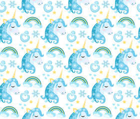 Cute winter unicorn princess seamless pattern, background. Christmas magical endless texture for little princesses. Vector.