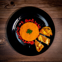 Chicken supreme recipe, gently cooked with 5 spices, sweet potato mousseline, peppers cut in half