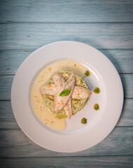 Baked sole fillet, risotto and pesto recipe