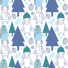 Christmas and winter vector seamless pattern. Children in the winter forest on a light background. Suitable for cards, Christmas cards, invitations, greetings, paper and others.  