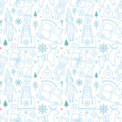 Christmas and winter vector seamless pattern. Christmas balls, trees, gifts, toys, snowflakes on a light background. Suitable for cards, Christmas cards, invitations, greetings, paper and others.  