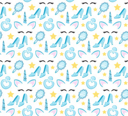 Cute winter unicorn princess seamless pattern, background. Christmas magical endless texture for little princesses. Vector.