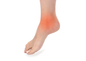 Ankle pain, painful point isolated on white background. Woman with ankle pain holding her aching leg - body pain concept. Joint pain.