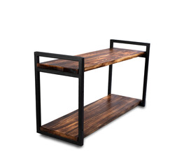 Wooden metal shelf in loft style, on an isolated white background