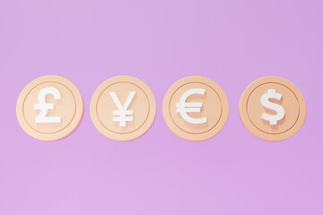 Set of coins. pound, yen, Euro, Dollar, on Purple background minimal cartoon cute smooth. exchange rate concept. 3d render illustration
