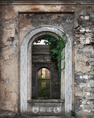 Fototapeta na wymiar Window in an abandoned, ruined old building with rich classic decor and green loach plant