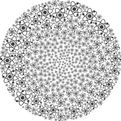 Atom electrons icon twirl spheric collage. Atom electrons symbols are formed into cluster cycle mosaic structure. Abstraction spheric cluster collage organized from regular atom electrons symbols.