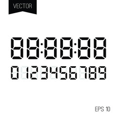 Digital time clock display. Vector electronic numbers set for LCD alarm clock or watch digits.