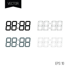 Digital time clock display. Vector electronic numbers set for LCD alarm clock or watch digits.
