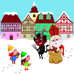 Cute cartoon style vector illustration of St Nicholas and Krampus with children