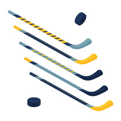 Sports set with hockey sticks. Ice hockey and field hockey sticks and two pucks in different angles. Sports equipment, vector illustration isolated on a white background