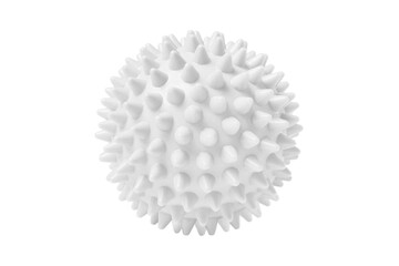 White plastic spiny massage ball isolated on white. Concept of physiotherapy or fitness. Closeup of a colorful rubber ball for dog teeth on a white color background. Corona virus model.