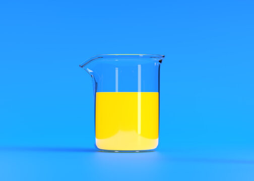 Beaker with yellow liquid on blue background. Chemistry flask, Laboratory glassware, equipment. Minimal concept. 3d rendering illustration