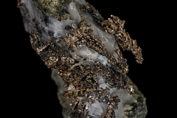 Macro stone mineral silver metal in the rock on a black background