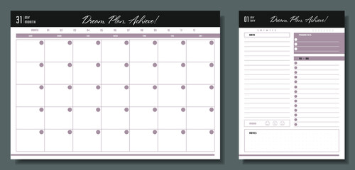 Set of planners. Daily and monthly planner template. Blank notebook page isolated on grey. Business organizer page. Paper sheet.