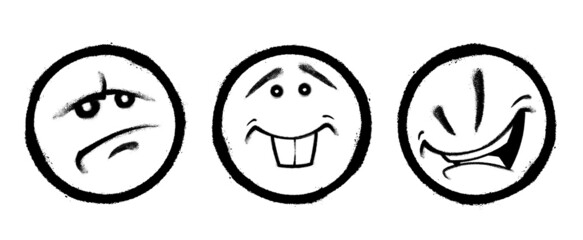 Three graffiti emoticons. Smiling face painted spray paint. Vector illustration on white background