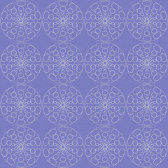 Seamless geometric pattern of mandalas, lace, sinuous lines. A white ornament on a lilac background painted by hand. Retro style. Design of the background, interior, wallpaper, textiles, fabric.