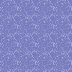 Seamless geometric pattern of mandalas, lace, sinuous lines. A white ornament on a lilac background painted by hand. Retro style. Design of the background, interior, wallpaper, textiles, fabric.