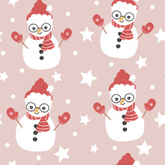 cute winter holidays seamless vector pattern illustration with cartoon character snowman, stars and snow on pink background