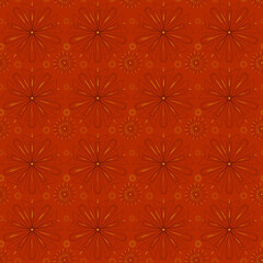 Seamless geometric pattern of mandalas, circles. A beautiful ornament on a red background, hand-drawn. Retro style. Design of the background, interior, wallpaper, textiles, fabric, packaging.