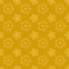 Seamless geometric pattern of mandalas, circles. Beautiful ornament on a yellow background, hand-drawn. Retro style. Design of the background, interior, wallpaper, textiles, fabric, packaging.
