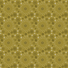 Seamless geometric pattern of mandalas, circles. Beautiful ornament on a yellow background, hand-drawn. Retro style. Design of the background, interior, wallpaper, textiles, fabric, packaging.